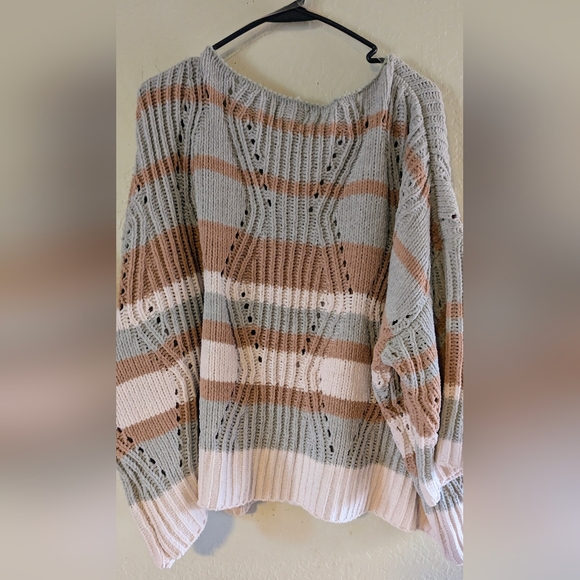 POL V-Neck Striped Sweater -Desert Sage Camel& Cream Cozy Soft Dropped Shoulder - Picture 4 of 13